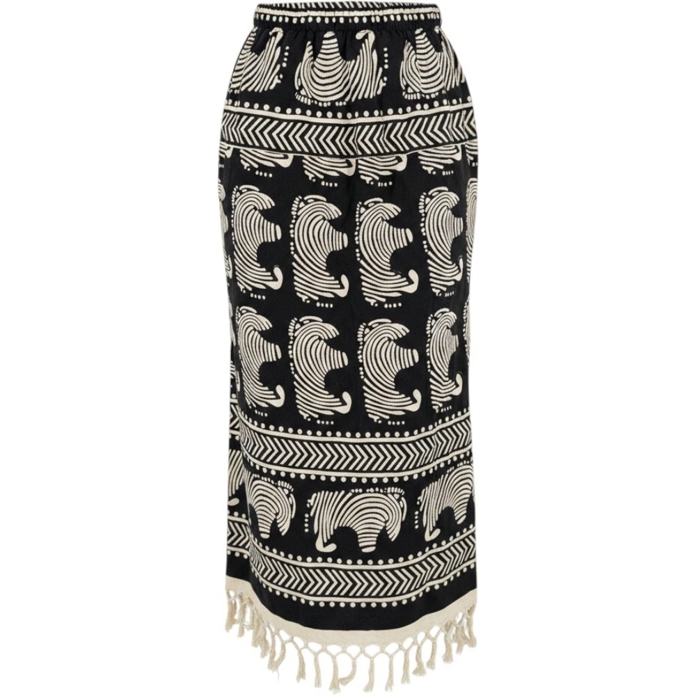 Vintage Elephant Print Fringe Maxi Skirt Black One Size 100% Cotton Made in USA